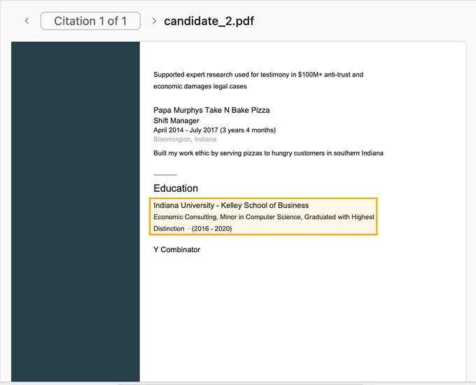 Citations feature screenshot showing source verification in the side panel