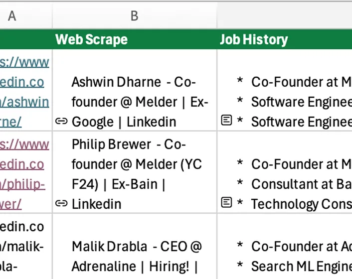 Web data scraping feature screenshot showing LinkedIn data extraction