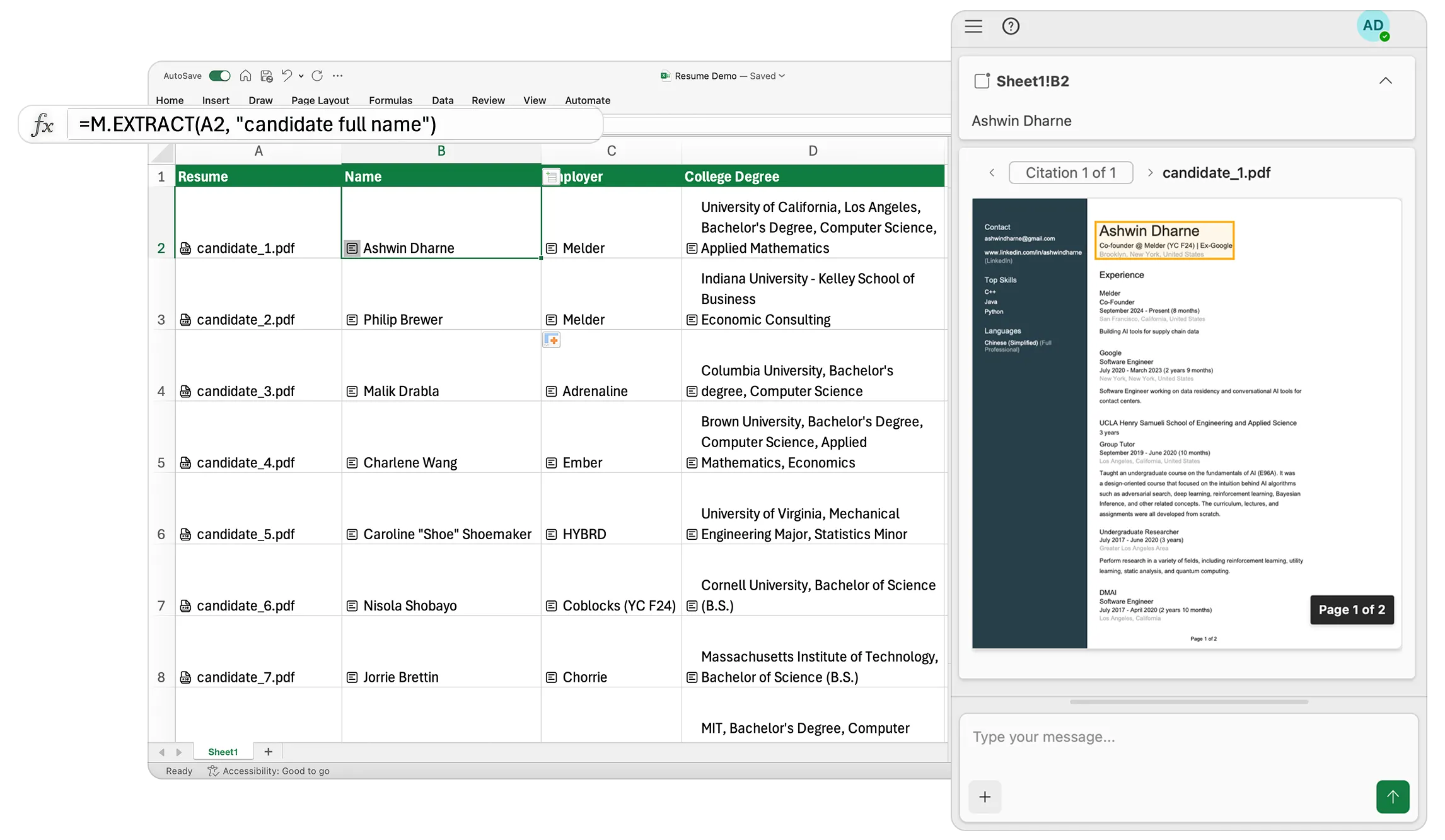Melder Excel Add-in Interface